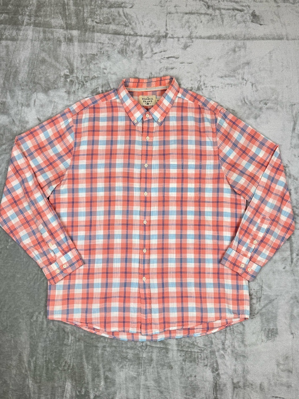 The Normal Brand Men’s Lightweight Cotton Long Sleeve Shirt Peach Plaid Size XL